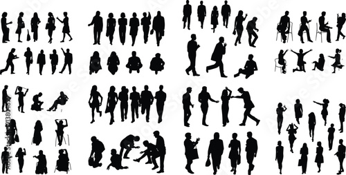 People silhouettes vector collection crowd walking standing sitting black icons set isolated white background illustration characters poses bundle