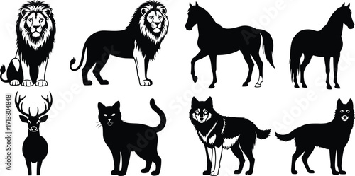 Animal silhouette illustration set with lions, horses, wolves, cat, deer, wildlife design, forest animals, pets, nature, creative art, mammals