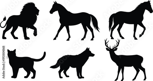 Animal silhouette illustration set with lions, horses, cat, wolf, deer, wildlife design, forest animals, pets, nature, creative art, mammals