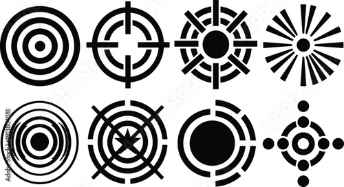 Flat design bold black crosshair and target icon set eight radial symbols arranged in two rows minimal vector graphic clean