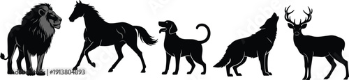 Animal silhouette illustration set with lion, horse, dog, wolf, deer, wildlife design, forest animals, pets, nature, creative art, mammals