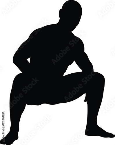 Athletic man silhouette performing deep squat exercise, muscular fitness model isolated on light background, strength training and bodybuilding workout concept vector illustration