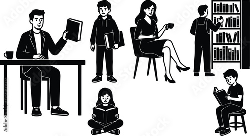 Minimalist line art scene showing man holding book at desk woman sipping cup seated and multiple people reading in library