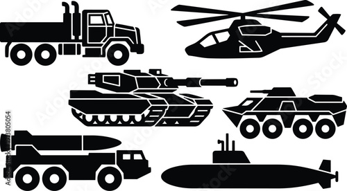 Flat design military vehicle icon set close up tank helicopter armored truck missile carrier submarine and cargo truck side view