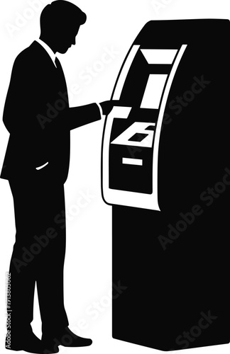 Businessman silhouette using ATM machine for cash withdrawal, modern banking transaction and electronic finance concept isolated on light background vector illustration