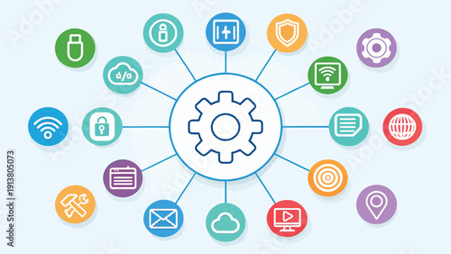 Technology Ecosystem and Connectivity Diagram – Gear Network Vector Illustration