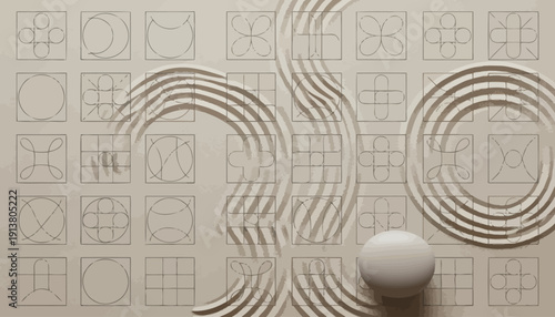 Serene Zen Garden Landscape Featuring Raked Sand Patterns, Geometric Grids, and a Smooth White Sphere for Meditation and Balance