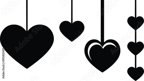 Flat design hanging heart silhouettes close up four pendant hearts on strings arranged horizontally in minimalist black and white composition