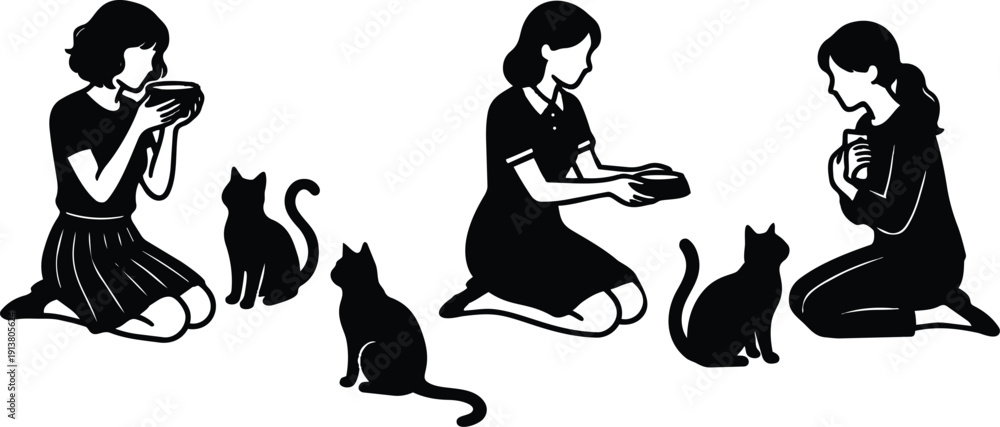 Obraz premium Silhouette vector three women kneeling feeding cats with bowls in quiet scene flat vector illustration for social media and editorial