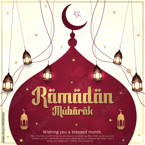 Ramadan Mubarak Banner with Maroon Mosque and Gold Lanterns, Elegant Islamic Greeting Card with Crescent Moon and Stars, Maroon and Gold Ramadan Kareem Poster with Arabesque Pattern, Traditional Musli
