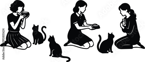 Silhouette vector three women kneeling feeding cats with bowls in quiet scene flat vector illustration for social media and editorial