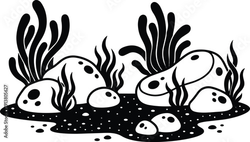 Vector silhouette seabed close up rocks and seaweed cluster with dotted sand shallow water flat vector art minimal line ink