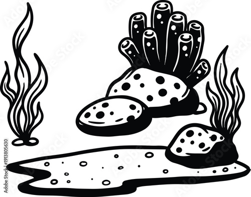 Line art underwater coral rock and seaweed cluster with sponge formations shallow seabed flat vector style