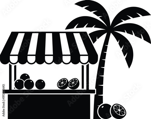 Tropical fruit stand with striped awning palm tree close up oranges sliced on counter looking at camera bright silhouette vector