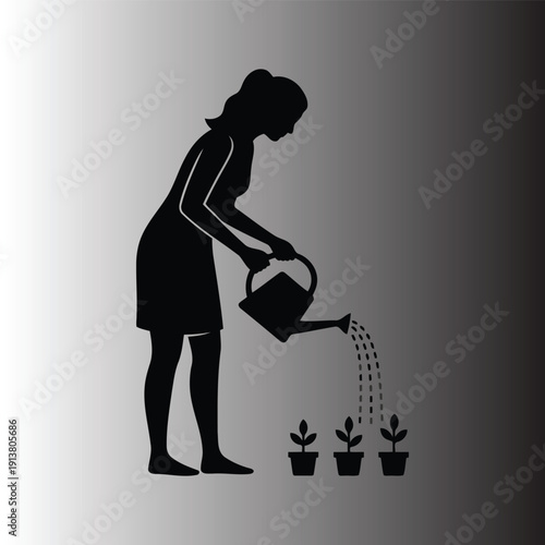 Silhouette of a woman watering small potted plants with a watering can, gardening and growth concept