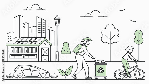 Garbage Collection and Recycling in Modern City – Environmental Vector Illustration