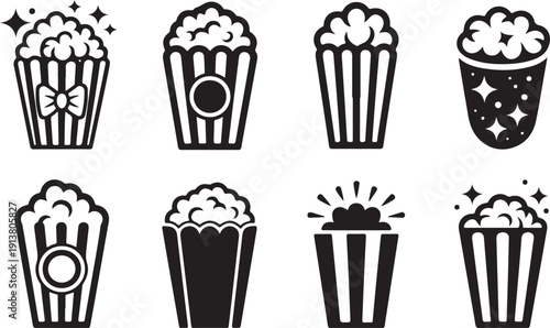 Set of eight popcorn boxes in various designs vector illustration isolated on transparent background