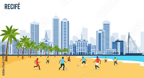 People Running on Sandy Beach with Palm Trees.