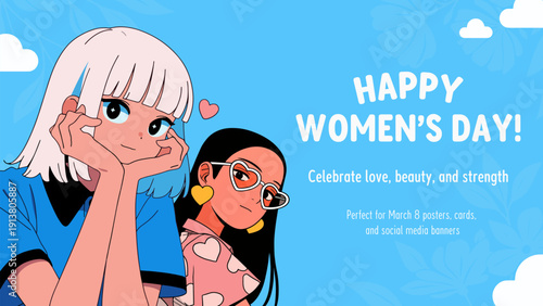 Happy Women’s Day illustration, cute girls, friendship and empowerment poster in modern vector style