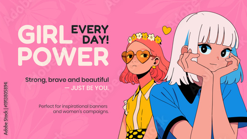 Happy Women’s Day illustration, cute girls, friendship and empowerment poster in modern vector style