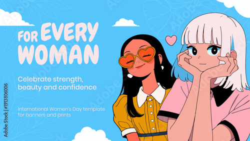 Happy Women’s Day illustration, cute girls, friendship and empowerment poster in modern vector style