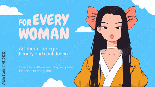 Cute Japanese woman with bow — modern anime vector art