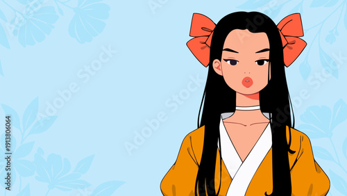 Cute Japanese woman with bow — modern anime vector art