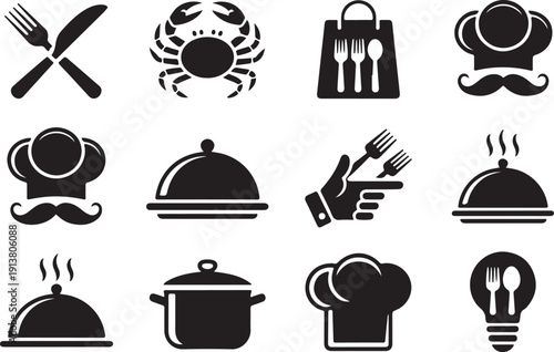 Cooking and restaurant icon set featuring chef hats kitchen tools and food service symbols in black