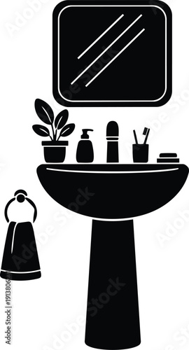 Flat design minimalist bathroom pedestal sink with mirror plant toiletries towel close up front view soft monochrome vector illustration icon