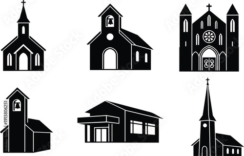 Flat design set of six black church icons different steeples bell towers gothic facade modern chapel side view landscape silhouette