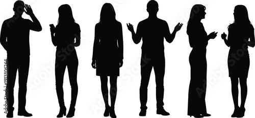 Group of people silhouettes in various poses, men and women standing, talking, using phones, and gesturing, professional black vector icons.