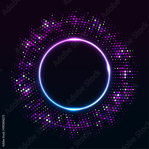 Vector bright neon circle with glow. Abstract round frame with empty space for text bright neon frame with transparency. Colorful glitter, flash. Illustration for advertising, banner, postcard.