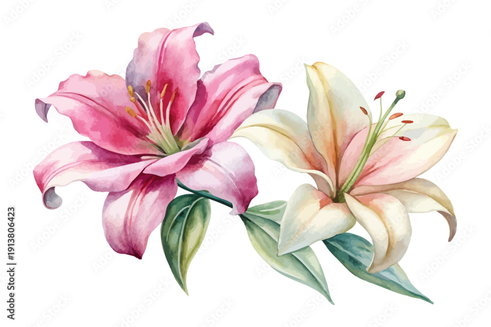Fototapeta premium Elegant Lily Watercolor Bloom, Soft Romantic Floral Illustration Isolated on White