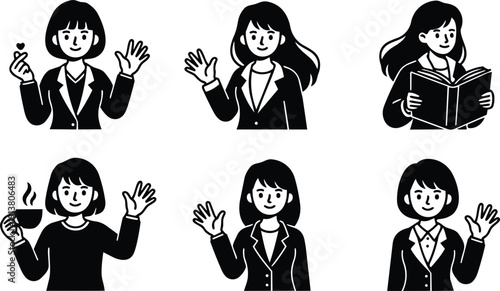 Minimalist black and white vector line art business women set waving reading drinking coffee holding heart gesture smiling friendly closeup