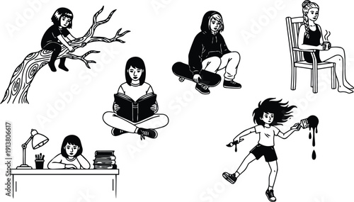 Line art collection of girls in various activities sitting reading skateboarding tree climbing painting and relaxing with coffee studying scene