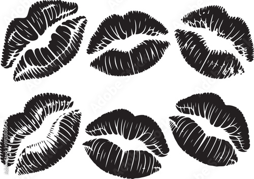 Lipstick kiss marks set with realistic texture and black ink effect on transparent background vector