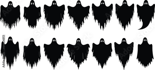 Black silhouette vector set of spooky flying ghosts with scary eyes, Halloween spirit icons isolated on white background for design,