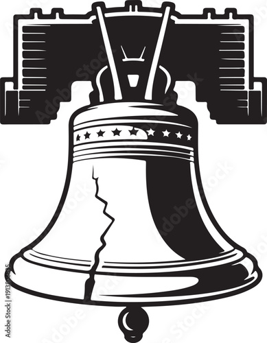 Liberty bell silhouette cracked with stars on transparent background