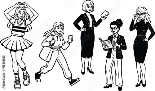 Line art vector five women smiling posing with heart hands walking with coffee reading book holding tablet adjusting glasses confident
