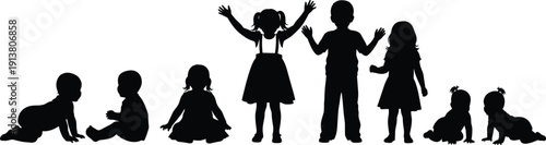 Black silhouette collection of babies crawling, sitting, and young children standing in a row isolated on white background for growth.