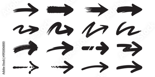 Collection of various black brushstroke arrows pointing to the right arranged in a grid high-quality