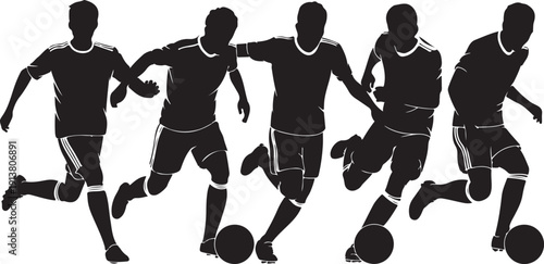 Soccer players in various action poses with ball, dynamic vector illustration of competitive sport