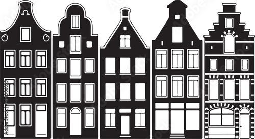 Row of diverse silhouette dutch gabled houses on a transparent background