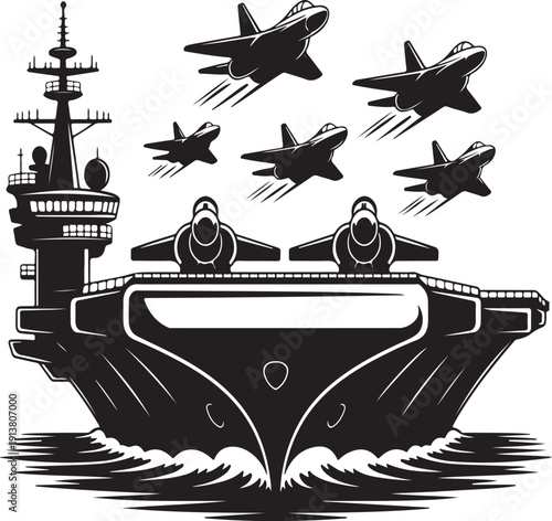 Aircraft carrier with fighter jets taking off and flying, military navy vessel vector illustration