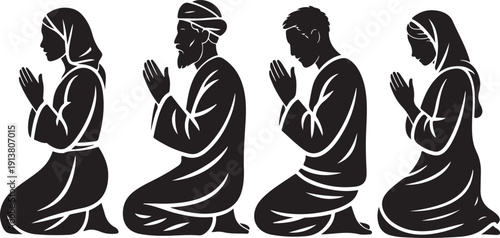 Religious people kneeling and praying in spiritual devotion, vector illustration for worship and faith