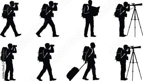 Black silhouette vector set of travelers and researchers with backpacks, using binoculars, reading maps, pulling luggage, and using a telescope,