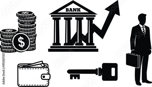 Flat design close up bank growth icons businessman holding briefcase standing near stacks of coins wallet key upward arrow silhouette