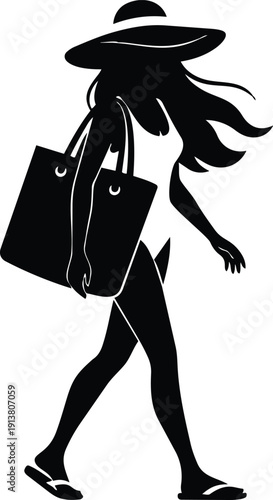 Minimalist silhouette vector of woman in wide brim hat walking with large shopping bag side view summer beach stroll confident