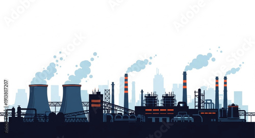 Industrial factory with smoking chimneys and cooling towers.