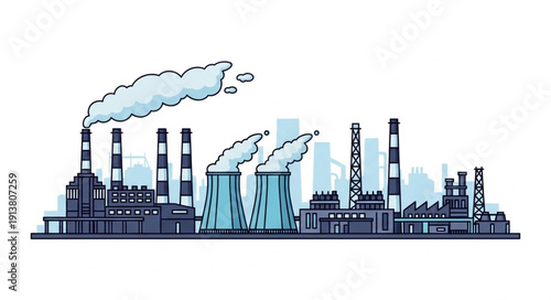 Industrial factory with smoking chimneys and cooling towers.